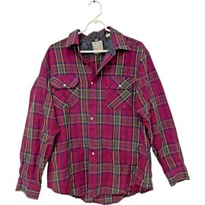 Vtg Men's Flannel Button Up Shirt Red Plaid Long‎ Sleeve Large Outdoor Exchange
